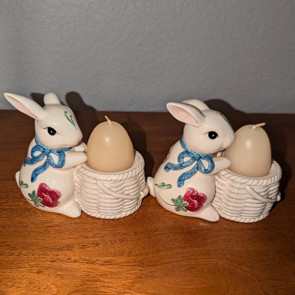 Lenox Poppies on Blue Bunny Rabbit Votive Candle Holder Figurines